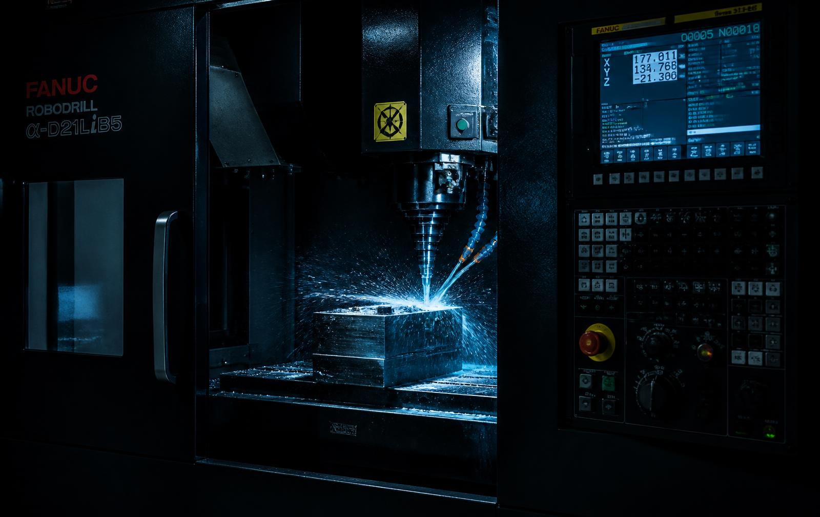 FANUC-controlled VMC machining a steel component with coolant spray